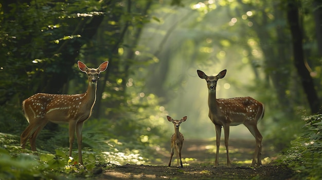 Stunning a photo of two deer standing in the distance on an ancient forest path surrounded by lush