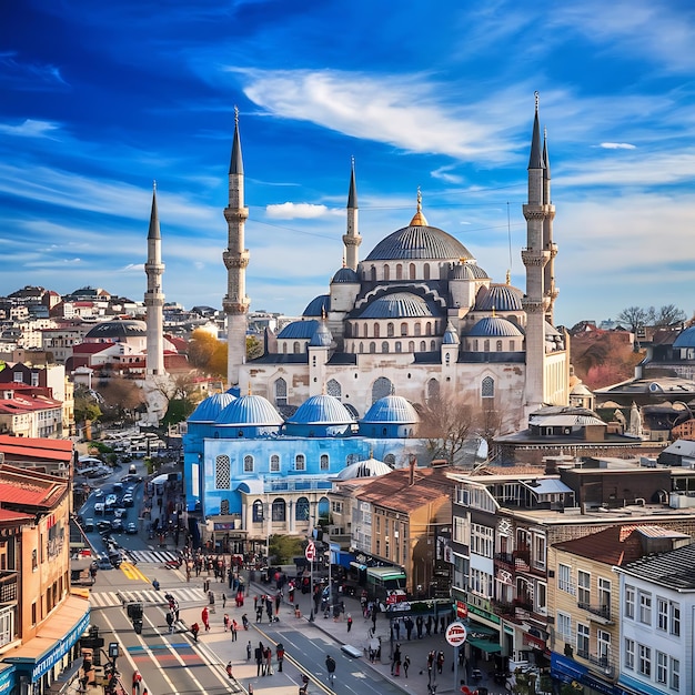 A stunning photograph of an ancient Turkish city featuring a grand mosque