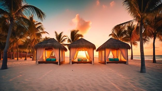 A stunning photograph capturing the essence of luxury and serenity during a golden beach sunset