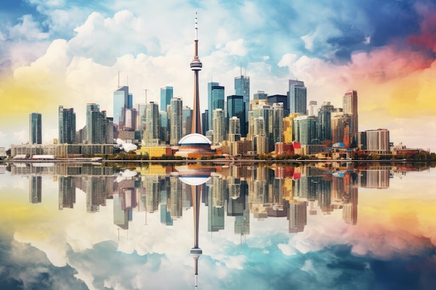 A stunning photograph capturing the reflection of a city in the calm waters revealing the urban landscape in a unique perspective Toronto City Skyline Reflection AI Generated