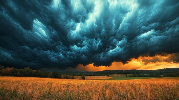 A stunning photograph showcasing dramatic storm clouds gathering over a golden field at sunset