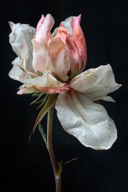 Stunning photograph of a wilted flower against a black background with pink and white colors