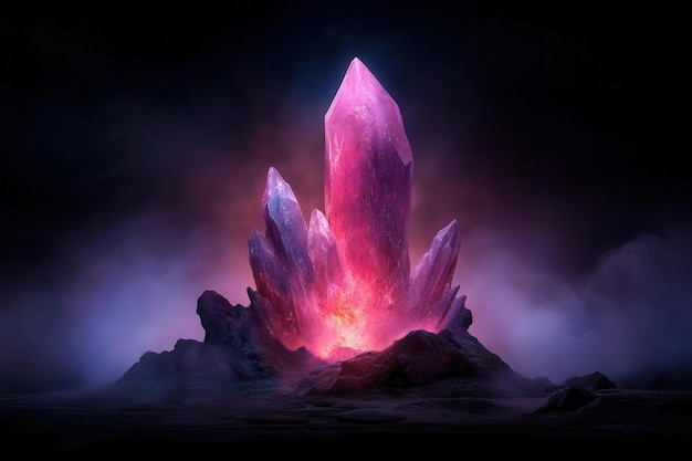 A stunning pink crystal illuminated by mystical light surrounded by dark mist creating an enchanting and otherworldly atmosphere