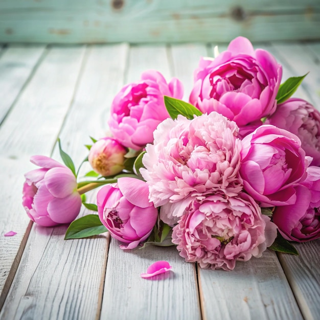 Photo stunning pink peonies on white light rustic wooden background copy space floral frame vintage haze looking wedding gift card valentine s day or mothers day background