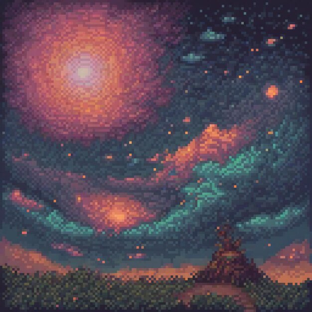 Stunning pixel art depicting a mesmerizing nebula in the night sky