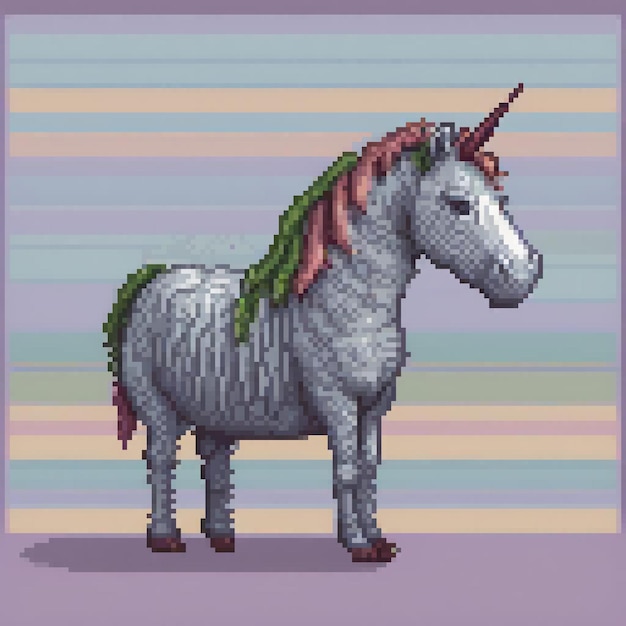 Stunning pixel art unicorn with a majestic mane against a vibrant striped backdrop