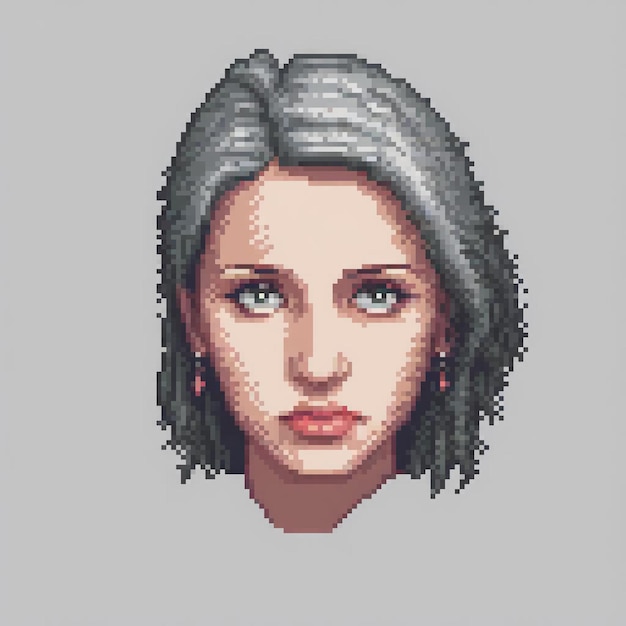 Stunning pixel art of a woman with striking grey hair and captivating blue eyes