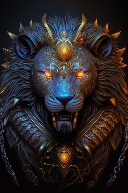 A stunning portrait Fierce black lion in glowing armor AI Generated