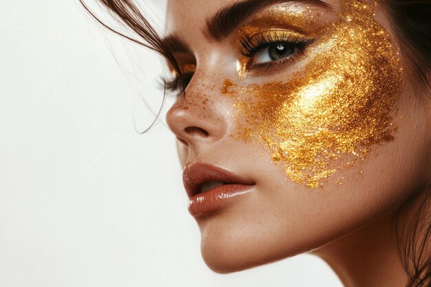 Photo stunning portrait with golden glitter makeup