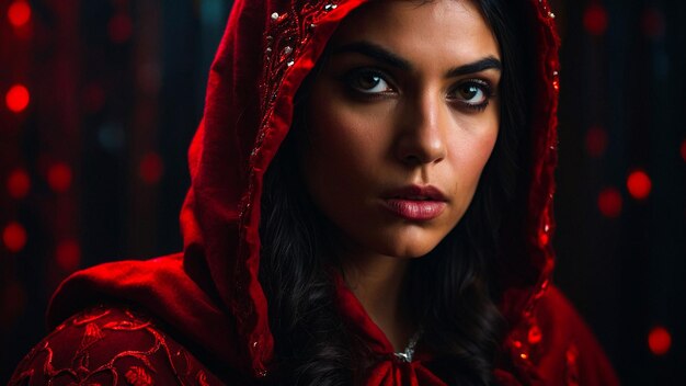 Stunning Portrait Of Woman In Red Cloak With Mysterious Backdrop