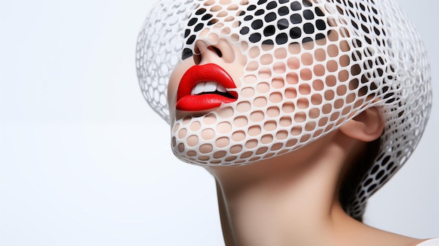 Stunning Portrait of a Woman with Bold Red Lips Behind a Mesh Face Cover