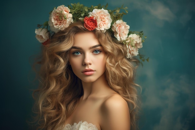 Stunning portrait of a young woman adorned with flowers in her hair exuding beauty and elegance