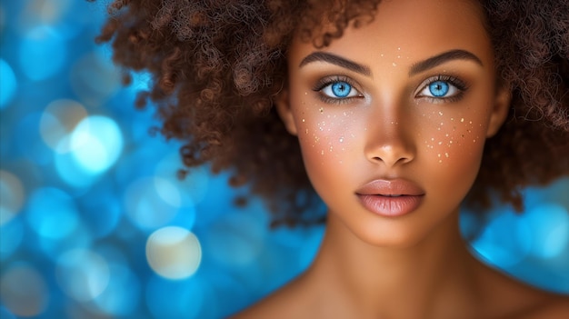 Stunning portrait of young woman with sparkling freckles and brilliant blue eyes