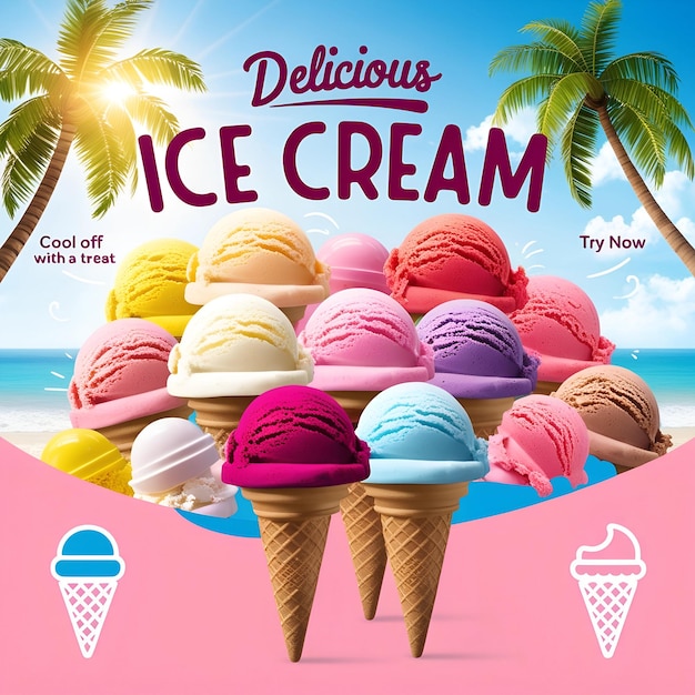 Stunning Poster Showcasing Colorful Ice Cream Scoops at a Delightful Parlor or Summer Beach Scene