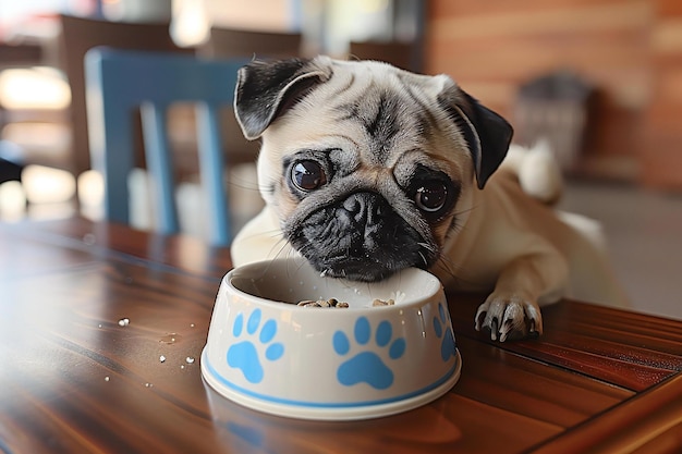 Stunning a pug dog sitting at the table with its head in the food bowl eating from it the blue an