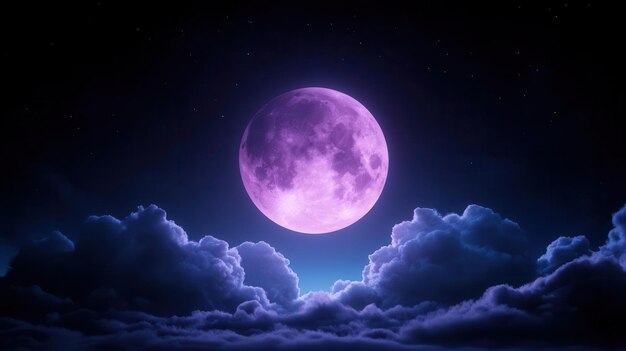 A stunning purple moon illuminates a serene night sky surrounded by soft fluffy clouds for a magical atmosphere