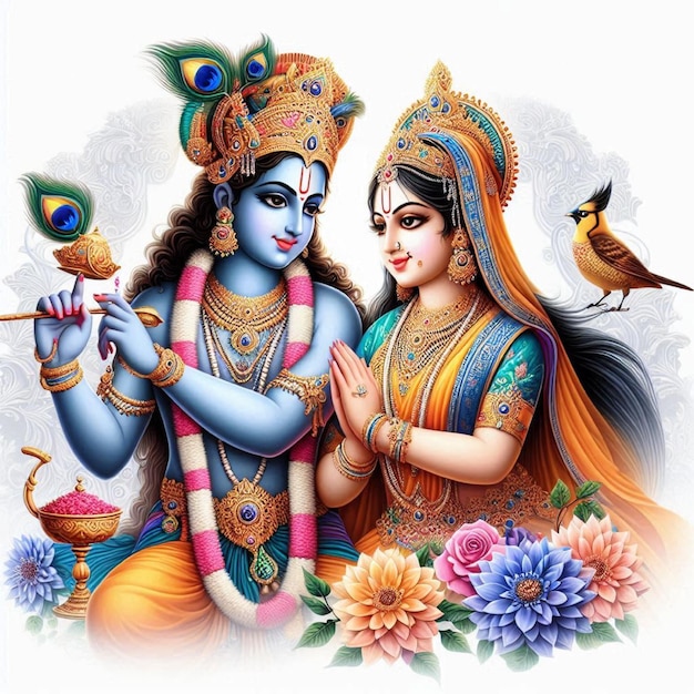 Stunning Radha Krishna colorful art with Lord Krishna and Radha in love