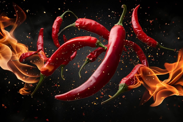 Stunning Red hot chili peppers flying with fire on black background realistic photo shoot