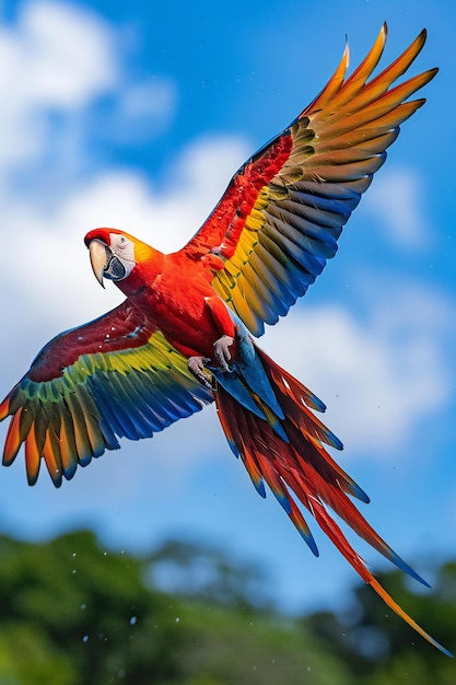 Stunning red macaw flying in sky over rainforest motion capture photography