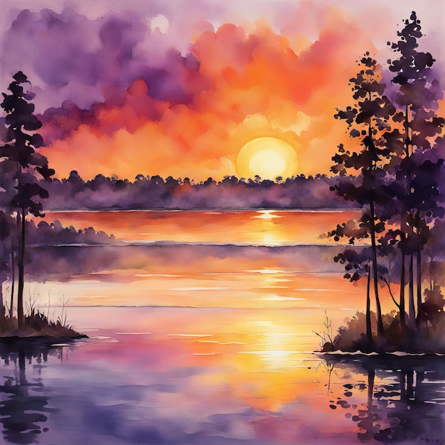 Photo stunning red and orange sunset over a lough watercolor illustration of trees sky and reflections