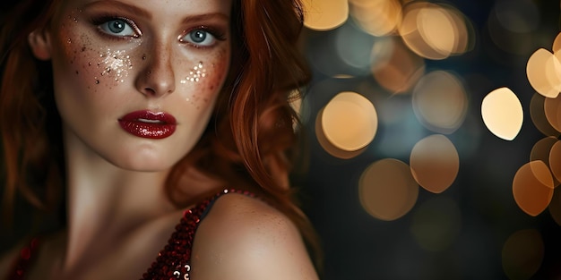 Stunning Redhead Supermodel with Gorgeous Eyes and Toned Body in Shiny Dress Concept Fashion Photography Beauty Portrait Vibrant Colors Luxury Lifestyle Runway Model