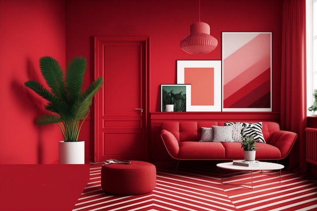 A stunning render of a dining area with red Pantone decoration and elegant furniture