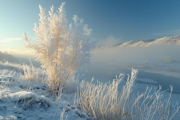 Photo stunning rime snow scene with tall peacock tailshaped rime tree crystal clear sparkling fairy