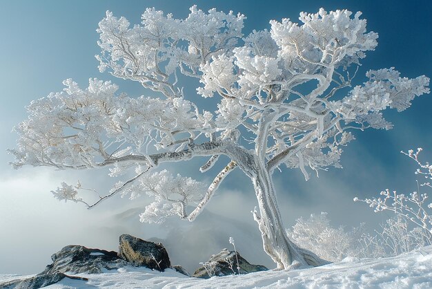 Photo stunning rime snow scene with tall peacock tailshaped rime tree crystal clear sparkling fairy