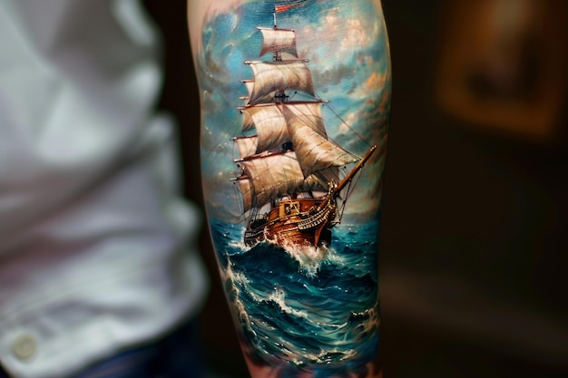 Stunning Sailing Ship Tattoo with Detailed Sails and Waves Covering a Forearm Vibrant and Adventurous Digital Art