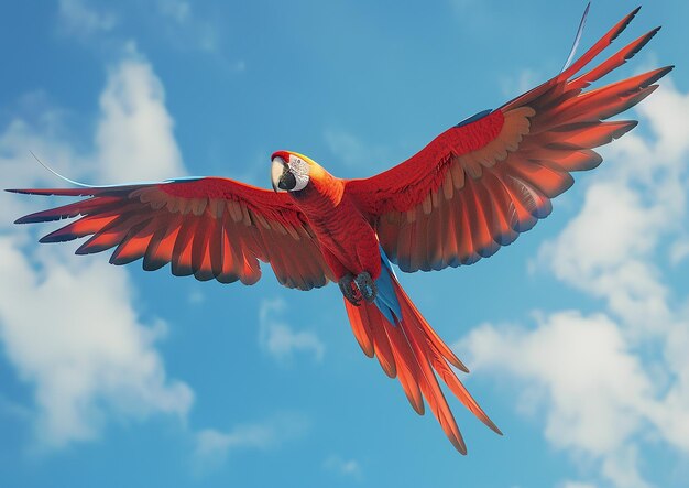 A Stunning Scarlet Macaw Soars Gracefully Against the Sky