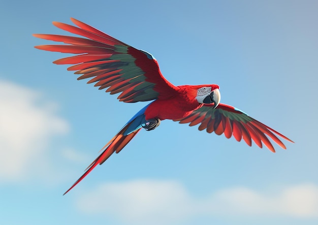 A Stunning Scarlet Macaw Soars Gracefully Against the Sky