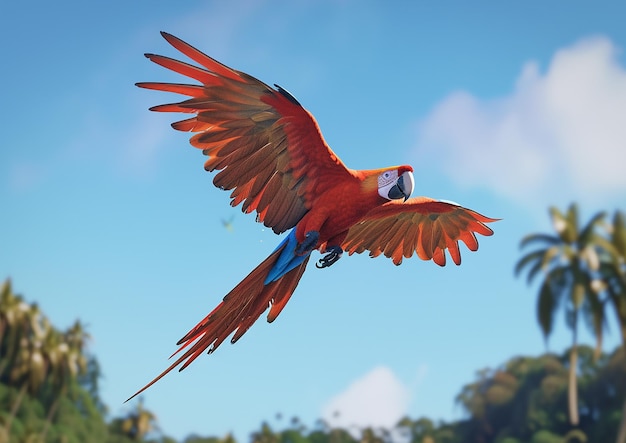 A Stunning Scarlet Macaw Soars Gracefully Against the Sky