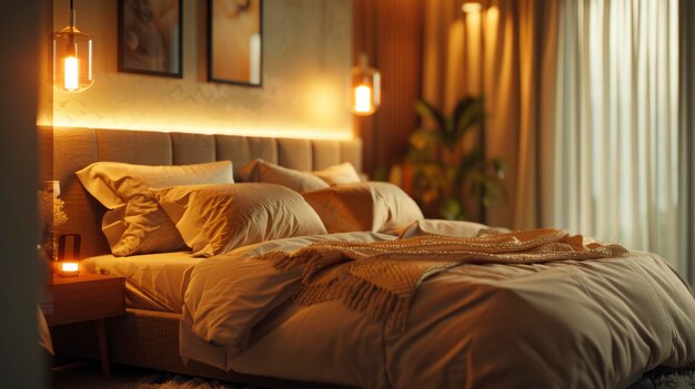 A stunning scene of the interior of a modern luxury bedroom featuring elegant decor plush bedding