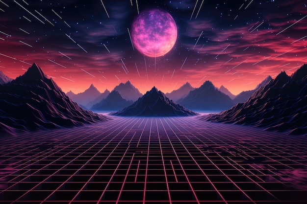 A stunning scene showcasing a landscape of mountains under a starry sky imbued with a futuristic atmosphere Futuristic neon grid landscape AI Generated