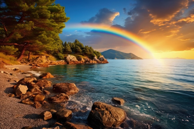 Stunning scenery featuring a turquoise sea and a double rainbow at sunset