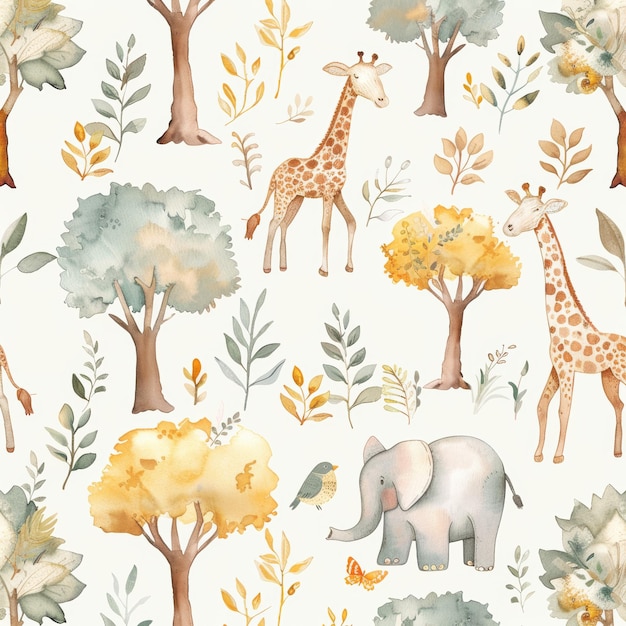 Stunning seamless pattern with cute trees safari elephants giraffes and zebras Stock illustration