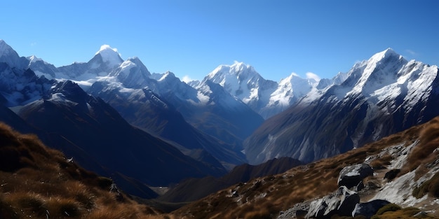 A stunning and serene landscape of a mountain range with a clear blue sky and snowcapped peaks Generative ai