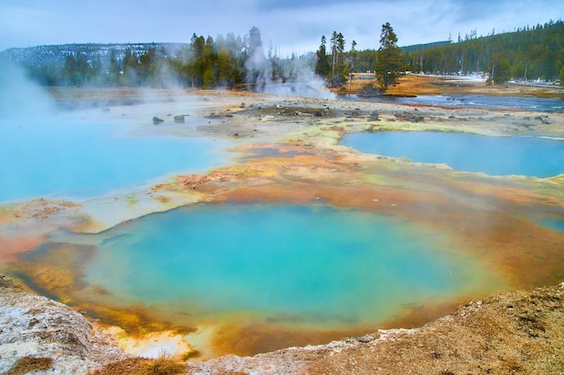 Stunning serios of Yellowstone pools of alkaline waters in winter