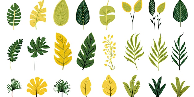 Stunning Set Of Tropical Green Leaves And Vintage Watercolor Autumn Leaves Isolated On White