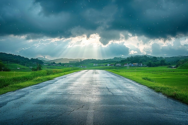 Stunning Showing Road leading into the distance with green grass on both sides and dark clouds ahead