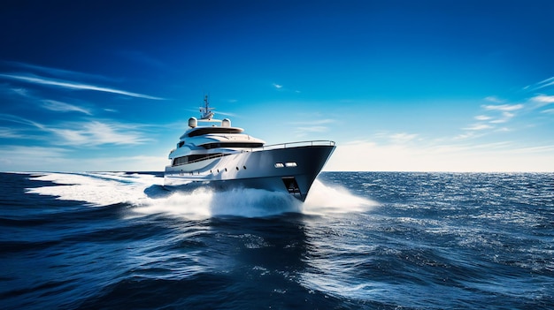 A stunning side view of a yacht sailing in the open sea on a windy day showcasing its impressive design and power