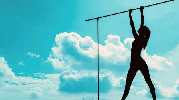 Stunning silhouette of a young female pole vaulter against a vibrant blue sky Track