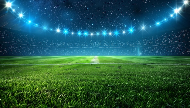 Stunning Sports Stadium With Lush Green Field Glowing Under Blue Spotlights At Night Hosting Sports Tournament And World Championship