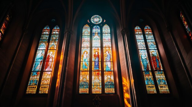 Photo stunning stained glass windows illuminating the interior of a historic church during daytime