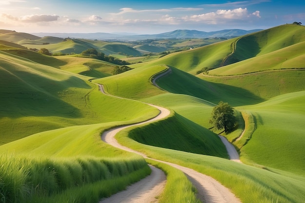 Photo stunning summer landscape with green rolling hills and winding path