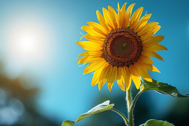 Stunning sunflower with blue sky and soft sun haze