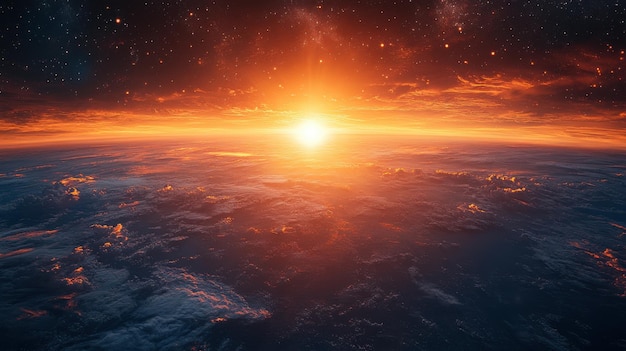 Photo stunning sunrise over earth from space showcasing vibrant colors and atmospheric layers