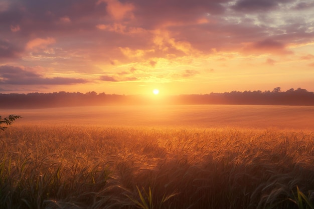 Stunning sunrise over golden grassland with soft clouds and vibrant colors in the sky