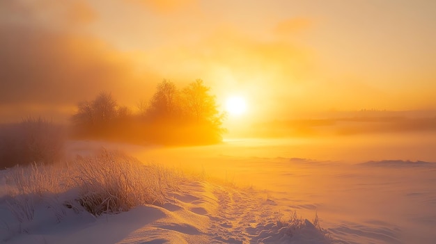 Photo a stunning sunrise over a snowcovered landscape with the sun casting a warm glow