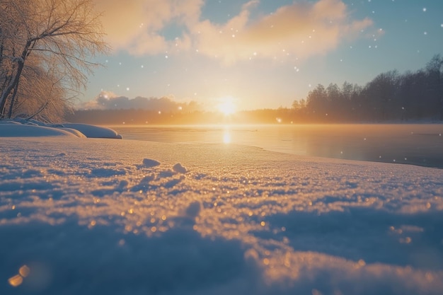 Stunning sunrise over a snowy landscape by the lake in winter near a forest at dawn